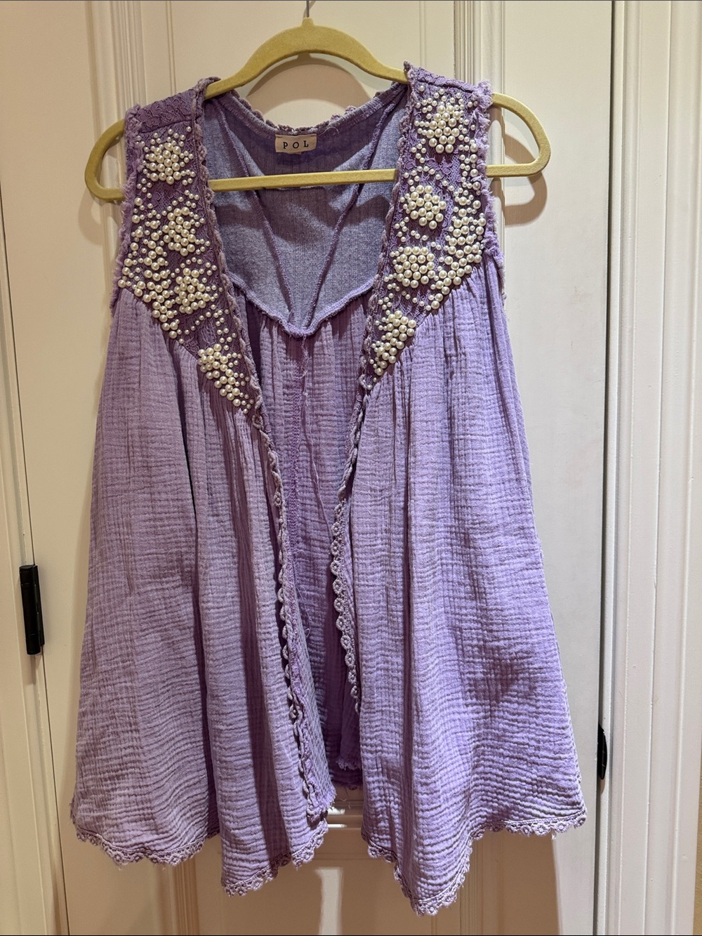 POL Lavender Sleeveless Tunic with Pearl & Lace Embellishments-NWT-Size S